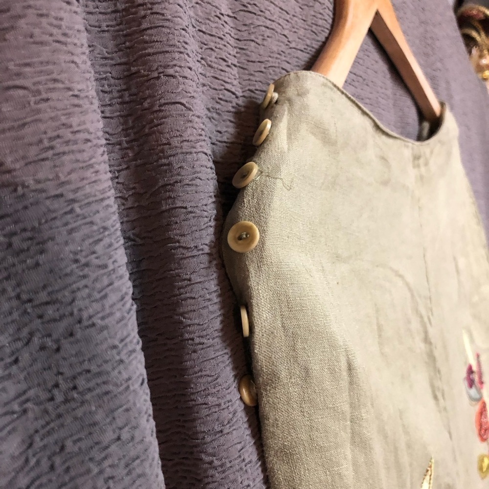 J Jill olive khaki flare skirt with buttons, side closure, embroidered satin - Picture 9 of 14